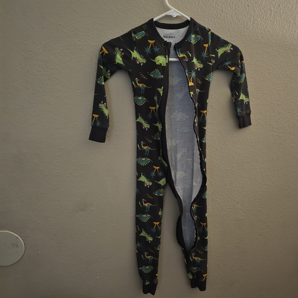 Old Navy Kids Footie Pajama with Dinosaur Print - Black, Green, Orange - Picture 4 of 6